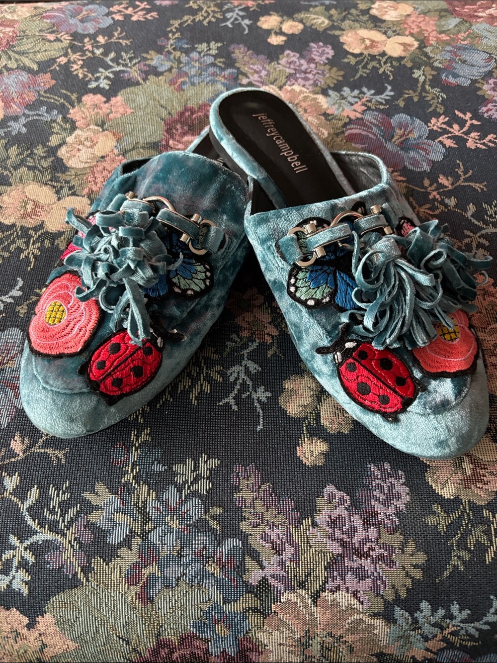 Jeffrey Campbell Women's Teal Velvet Embroidered Slide Mules 8.5